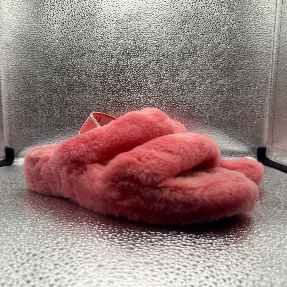 Size 7 UGG Oh Yeah Pink Coral Womens Fluffy Sheepskin Slingback Sandals 1107953